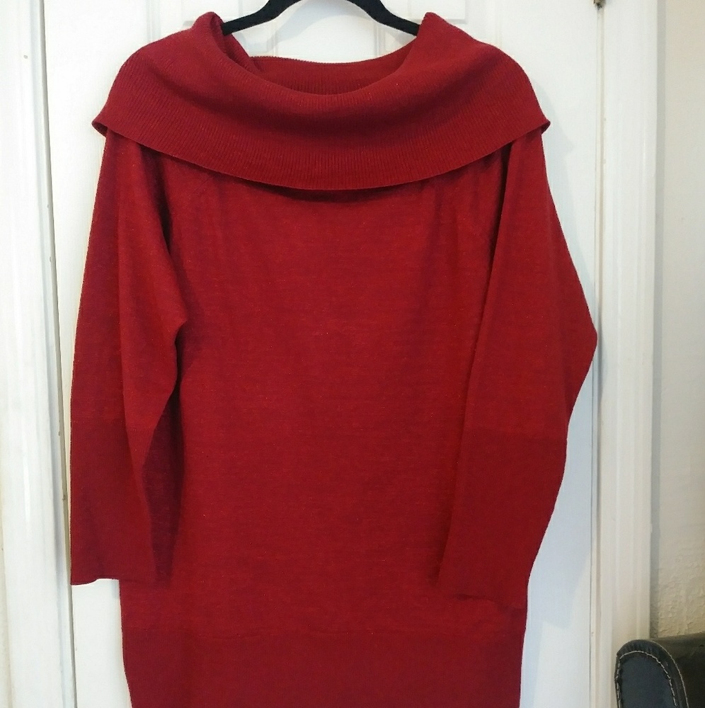 Red Off-The Shoulder Sweater with Metallic Thread